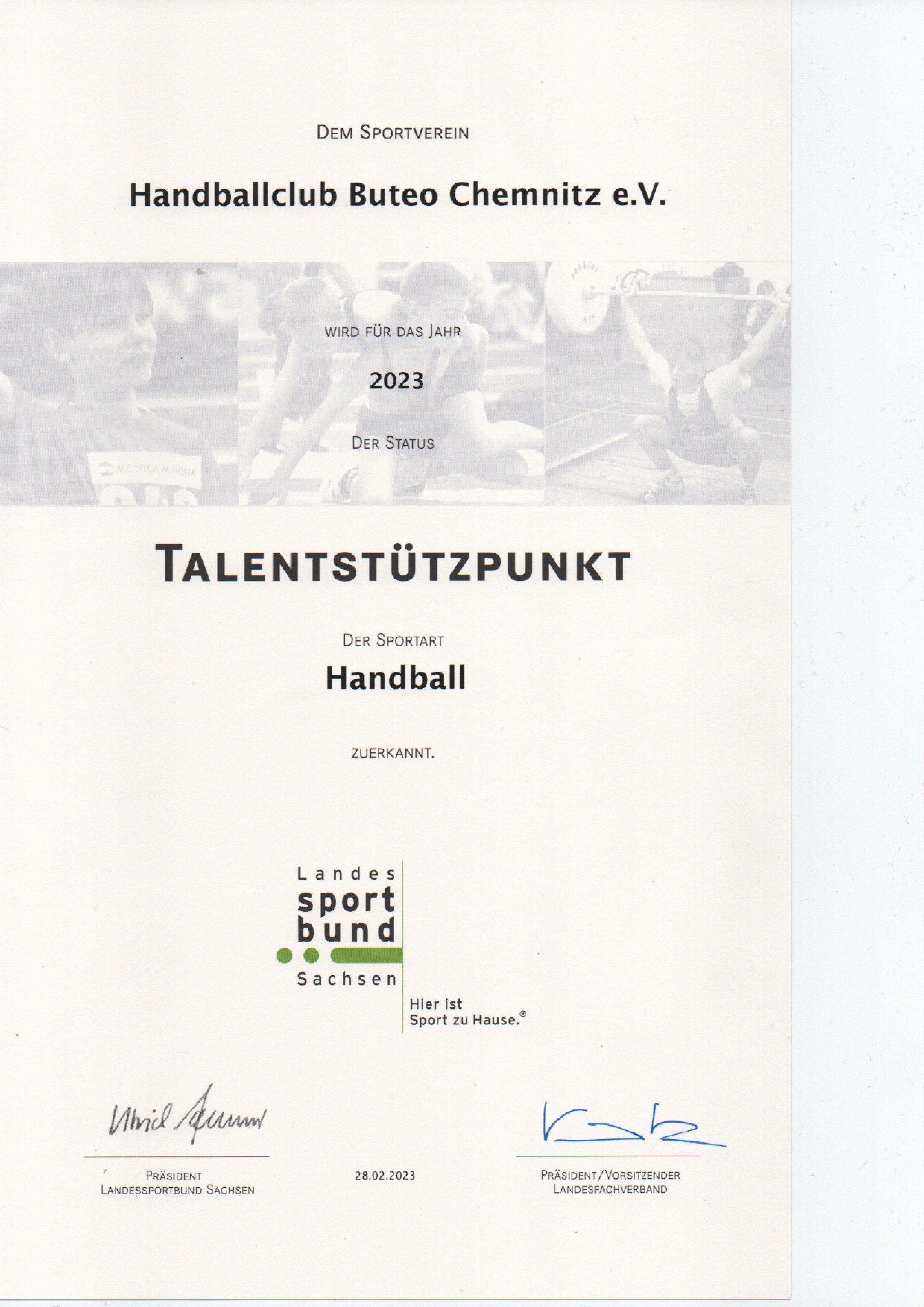 Urkunde Talentstützpunkt Handball